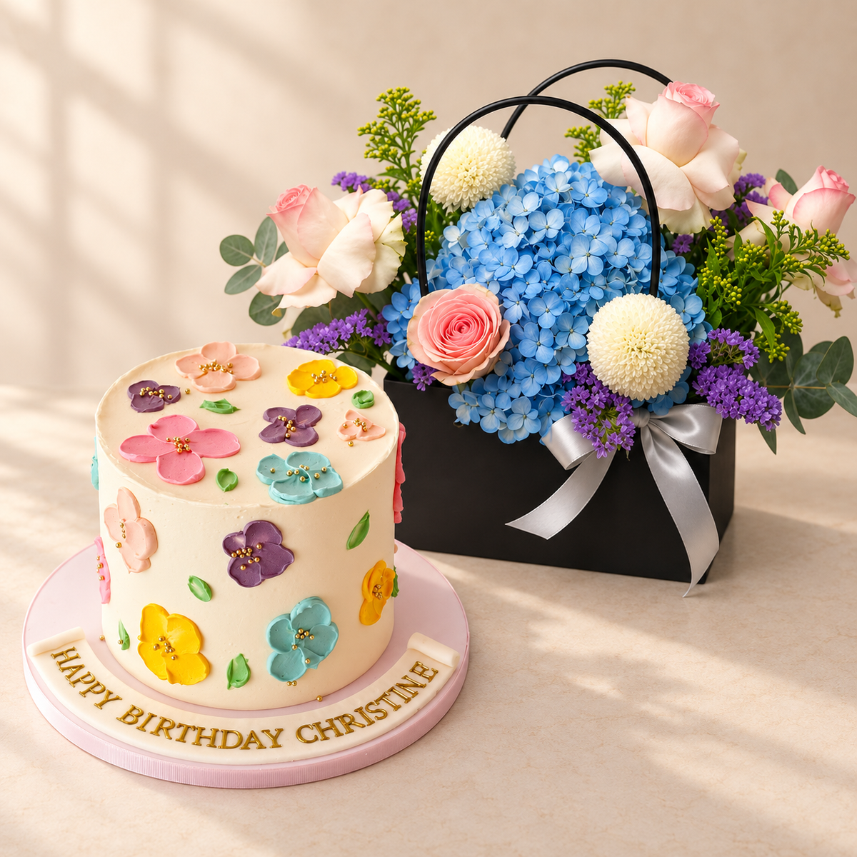 Floral Painted Cake and Flower Bundle