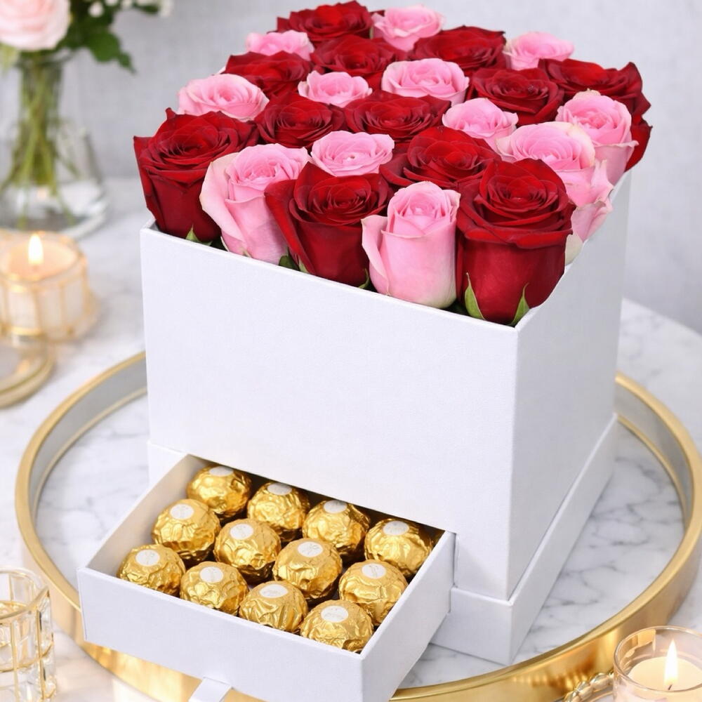 Red And Pink Roses in Box