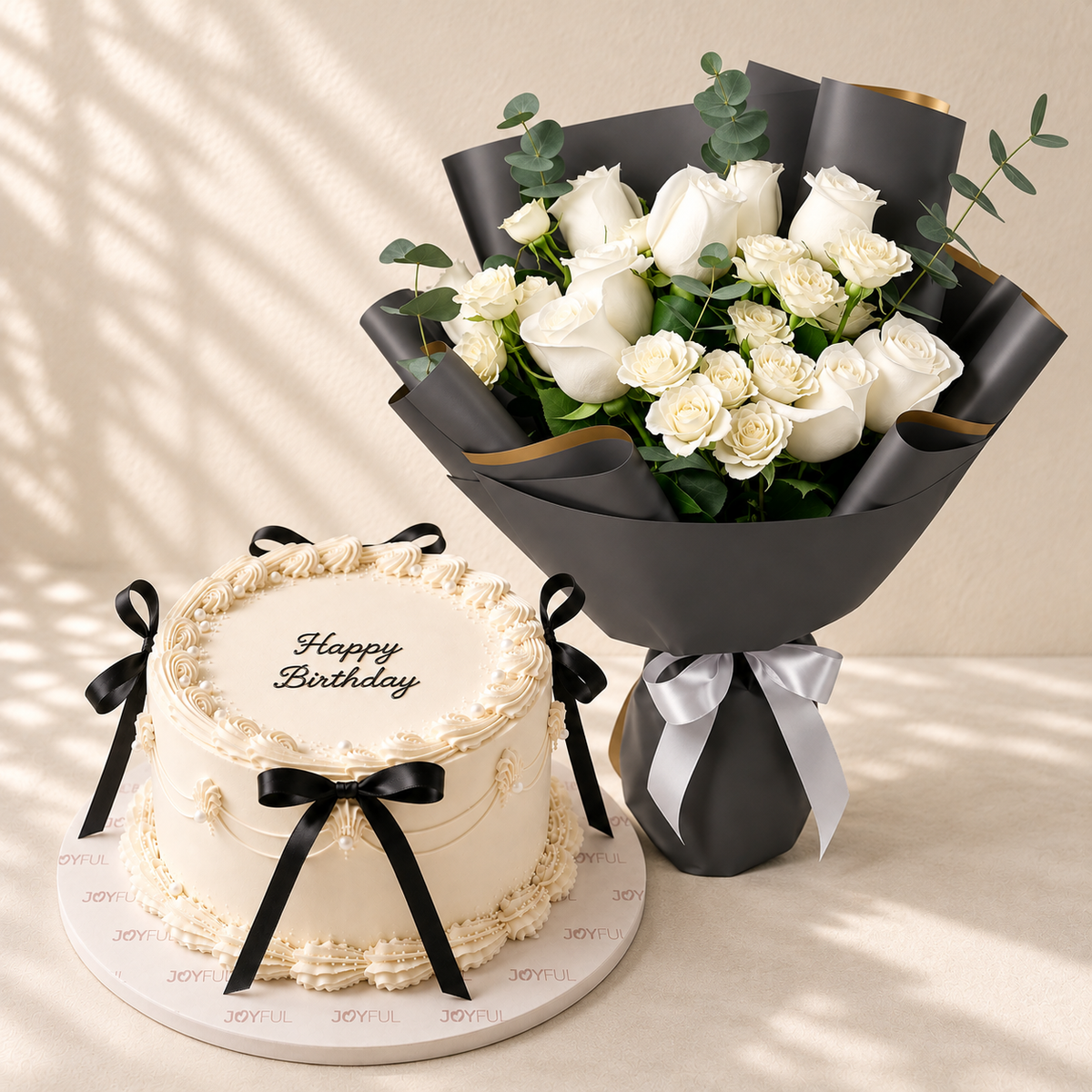 Monochrome Elegance Cake and Rose Bundle