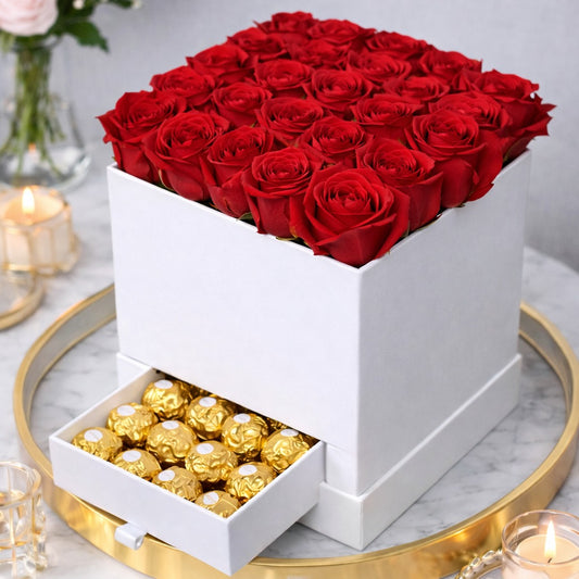Red Roses With Ferrero In White Box