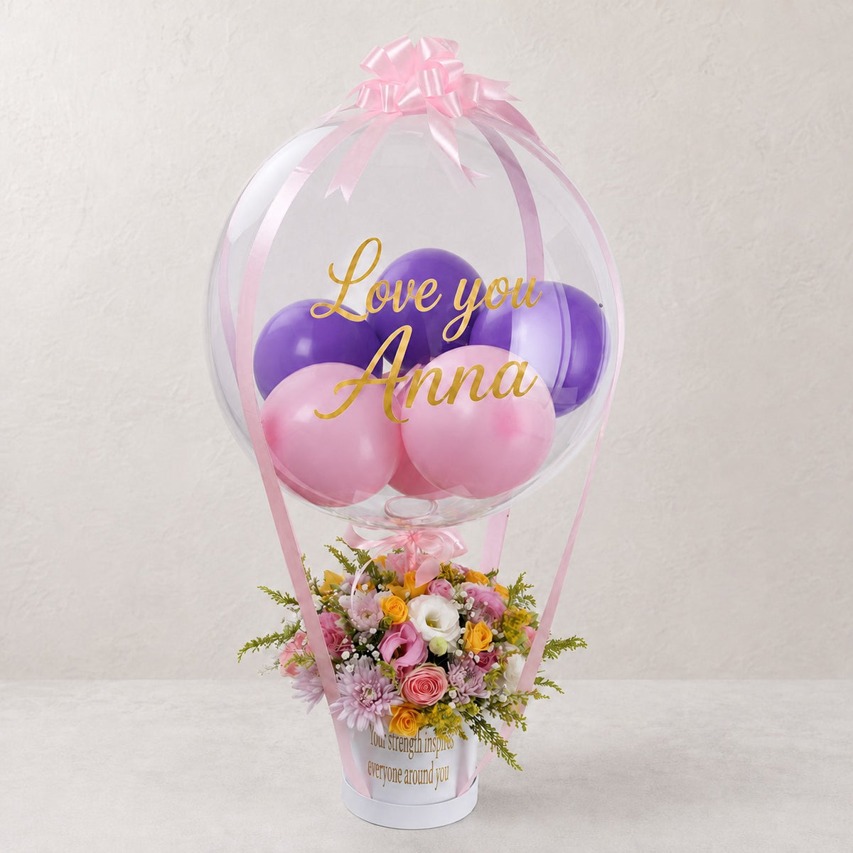 Custom Text Balloons With Flowers Arrangement